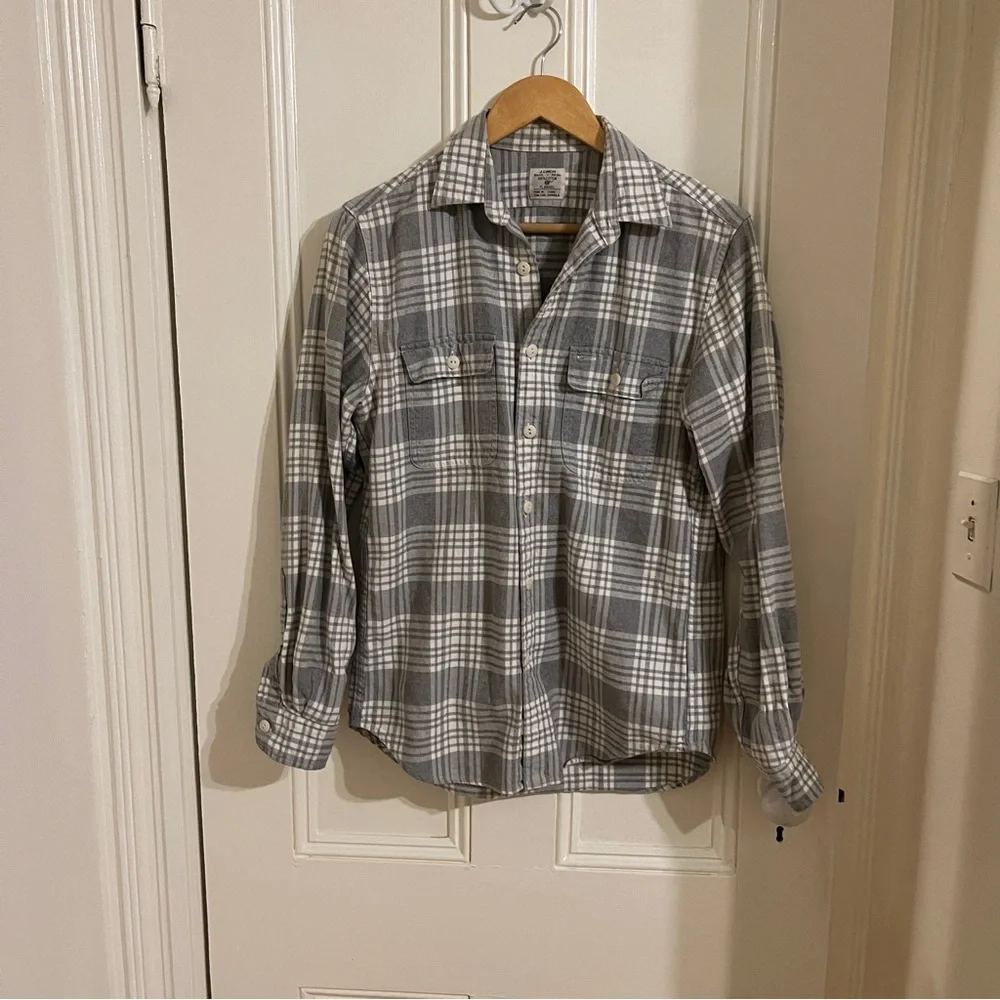 J. Crew Mens Plaid Flannel Blue White Button-Up Shirt Small